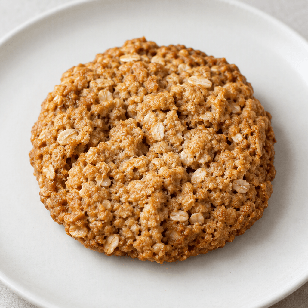 A round, slightly irregular golden-brown oat cookie with a visibly coarse, crumbly surface and small oat flakes embedded throughout, served on a plain plate.