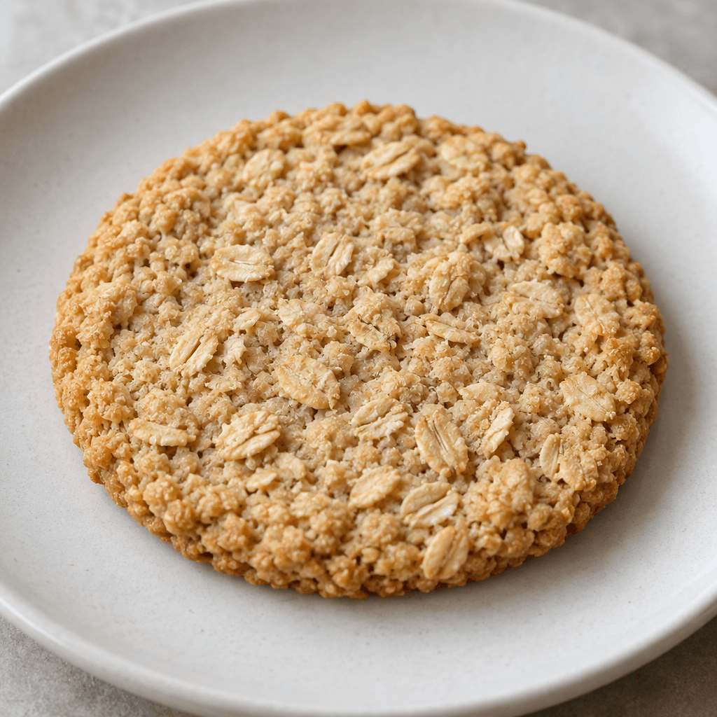 A thin, pale golden oat biscuit with a dry, lightly rough surface and visible oat flakes, resting on a plain plate.