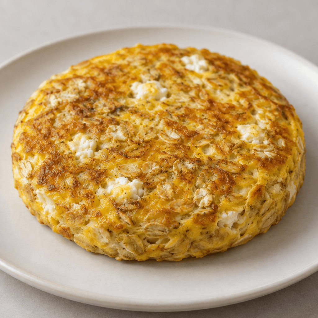 İçinde belirgin yulaf ezmesi ve küçük beyaz, ufalanmış lor peyniri parçaları bulunan kalın, yuvarlak ve altın sarısı bir omlet, sade bir tabakta servis edilir.