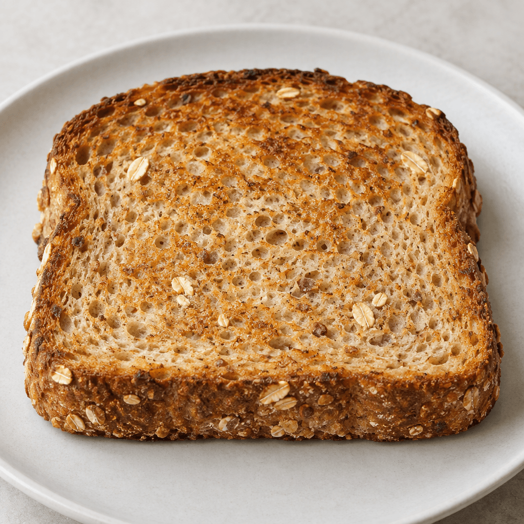 A thick slice of oat bread toasted to a warm golden brown, with a crisp darker crust, a porous beige crumb, and small oat flakes and grain flecks visible across the surface, served plain on a plate.
