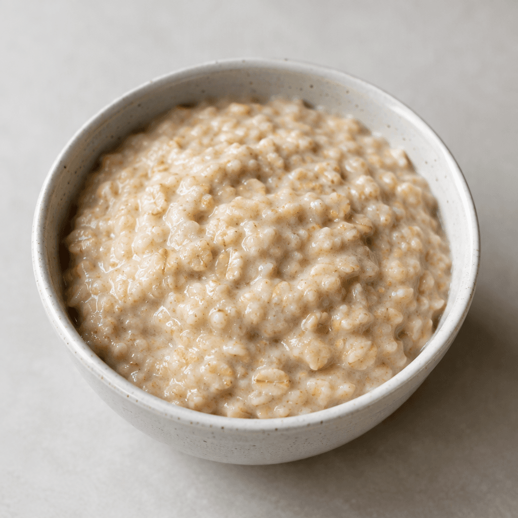 A small bowl holds a thick, pale beige oat mixture with a smooth-to-slightly-lumpy, porridge-like texture and a softly glossy surface.