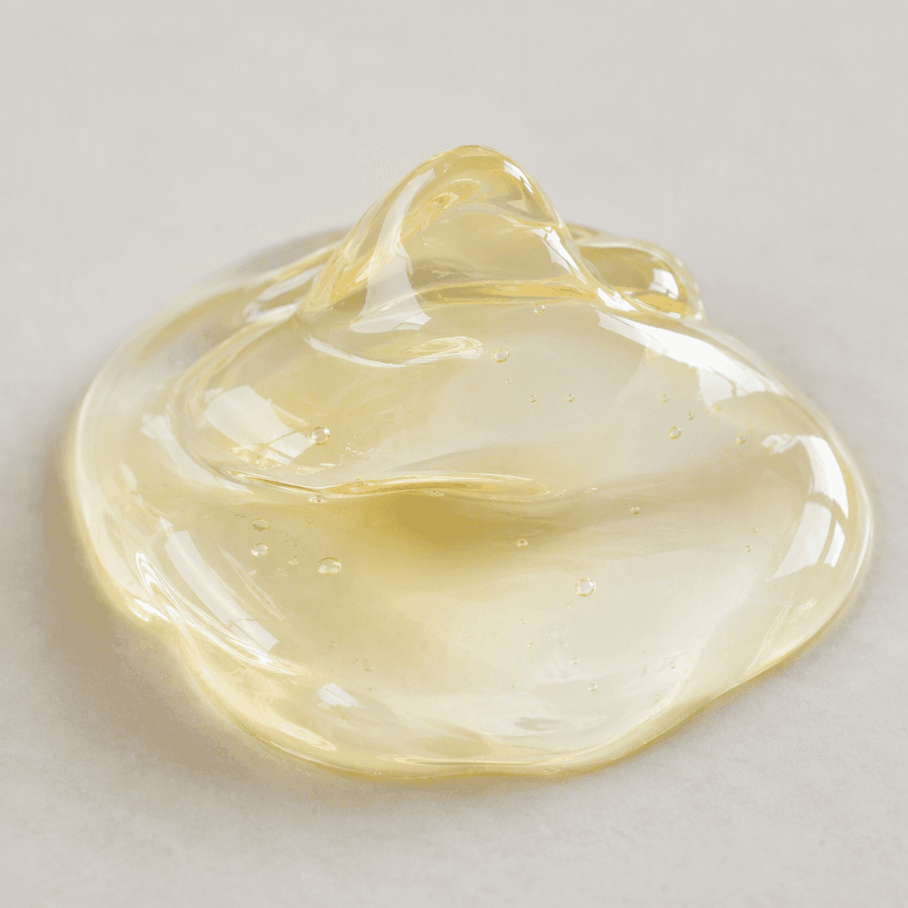 A clear, slightly opalescent liquid with a faint pale-yellow tint, smooth and viscous, pooling in an irregular translucent mound with glossy highlights.