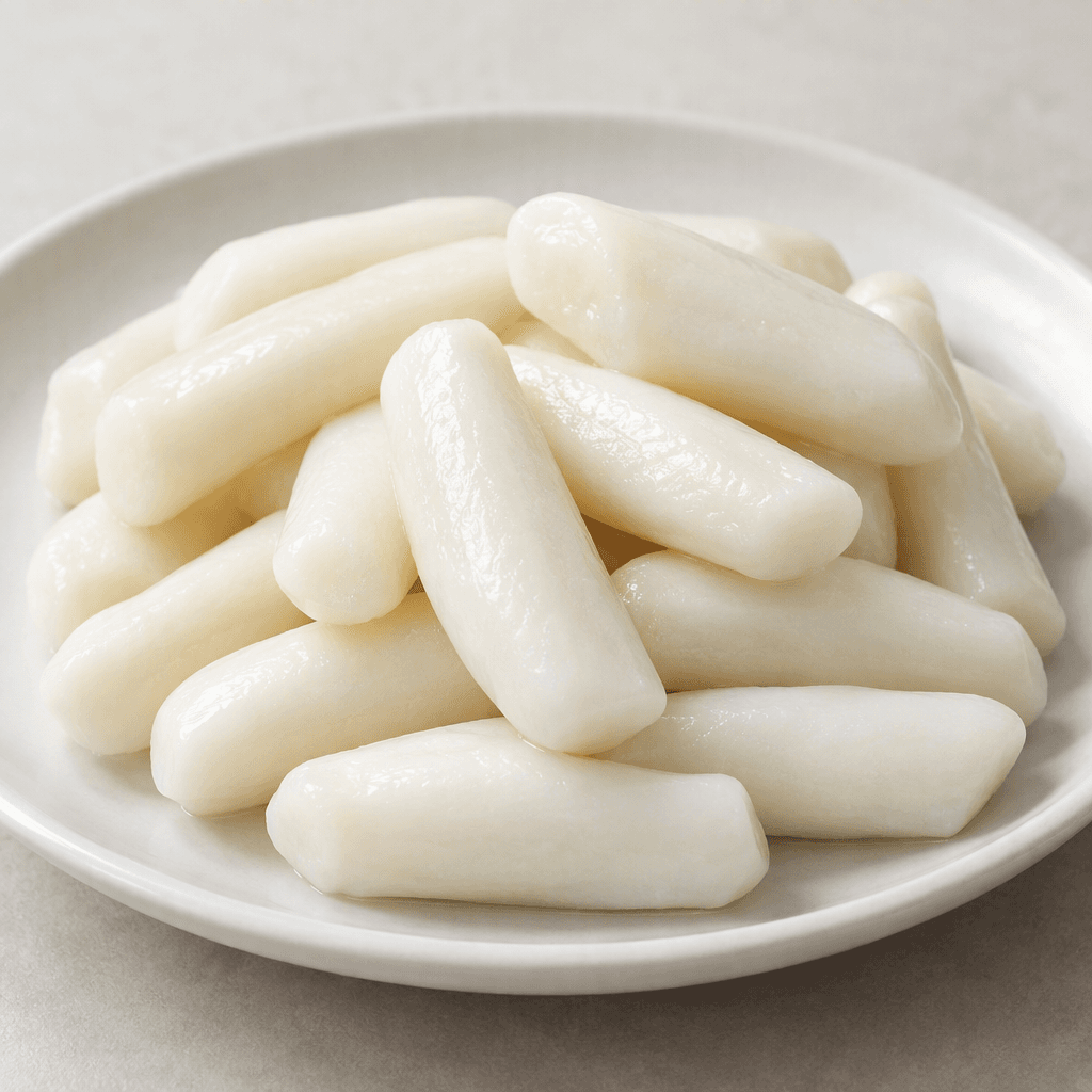 Firm, opaque white pieces with smooth, slightly glossy surfaces and softly rounded edges, served plain on a plate.