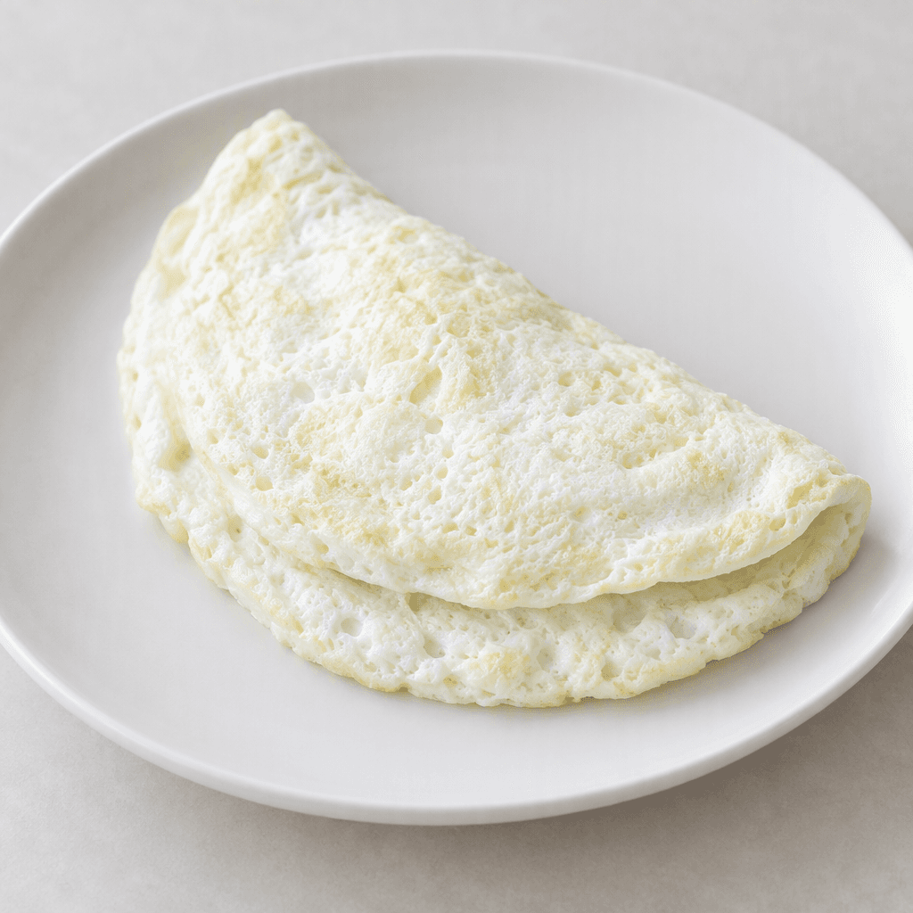 A softly set, pale-white omelette with a light, airy texture, folded into a thick crescent and served on a plain plate.
