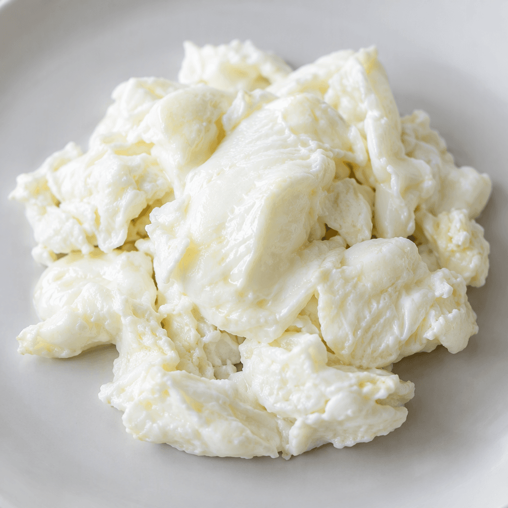 Opaque white cooked egg white with a smooth, firm, slightly glossy surface, presented as irregular soft-edged pieces on a plain plate.