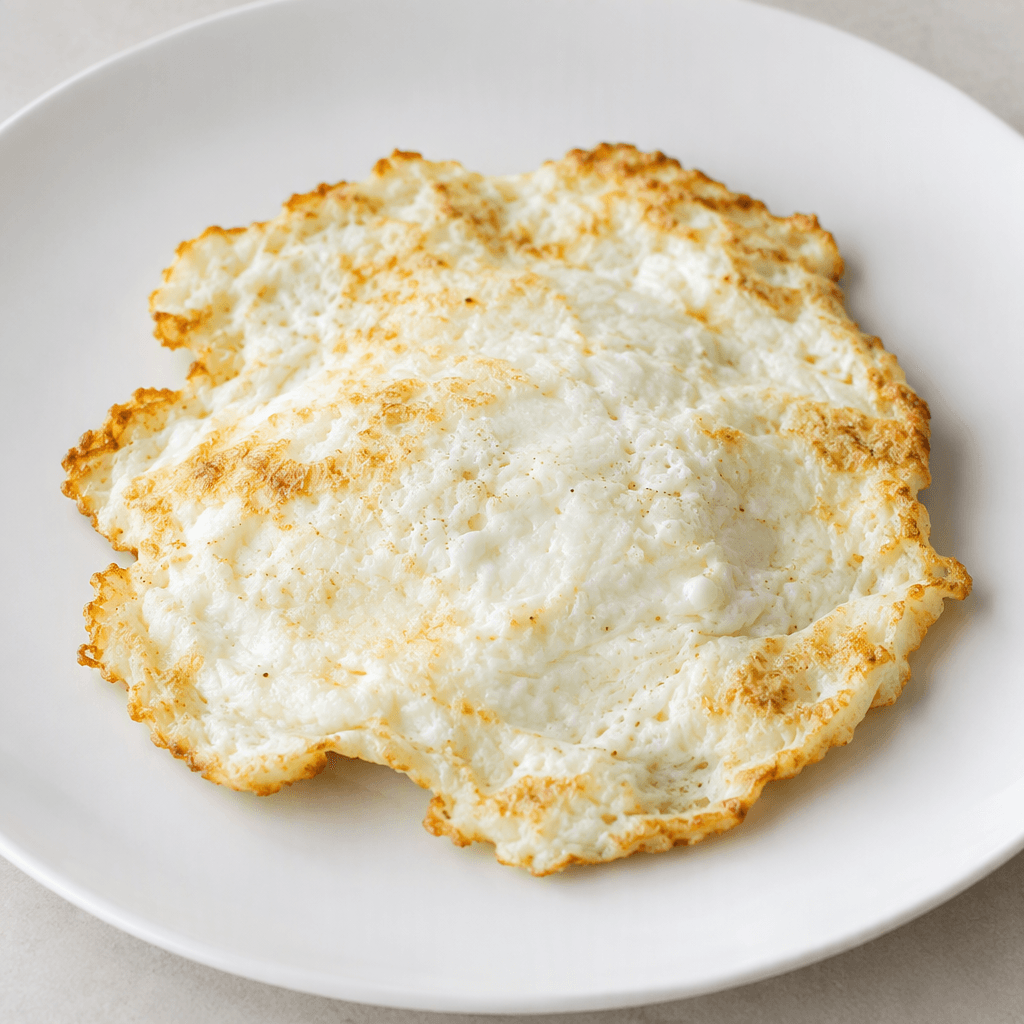 A flat, irregularly shaped opaque white egg-white patty with lightly golden-browned edges, served alone on a plain plate.