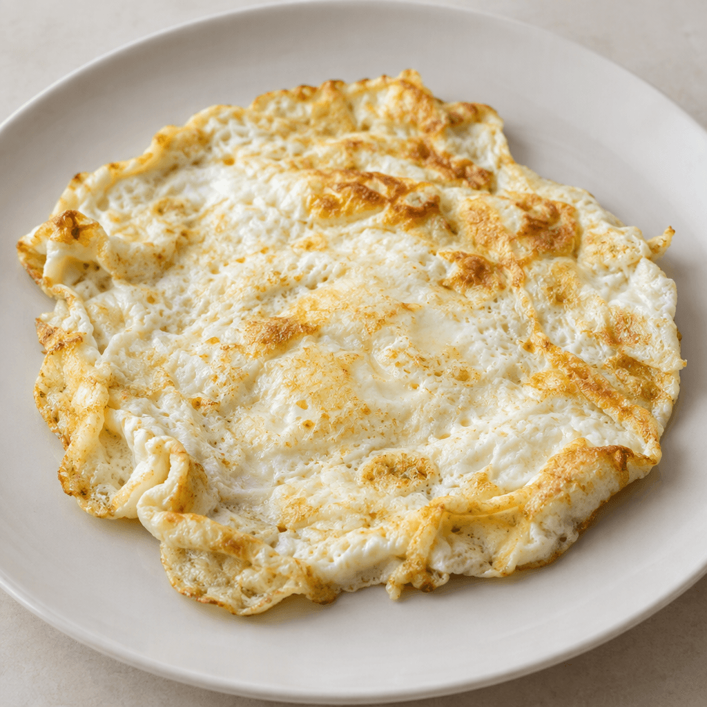 An irregular, thin, opaque white egg layer with gently folded edges and a few golden-brown crisp patches, served flat on a plate.