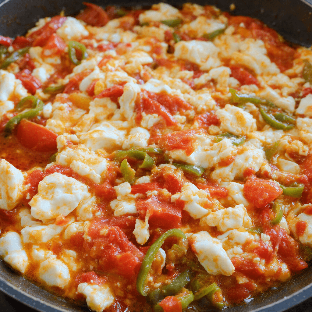 Soft white egg-white curds are nestled among glossy red tomato pieces and thin green pepper strips in a shallow pan, with a little red cooking liquid visible around them.