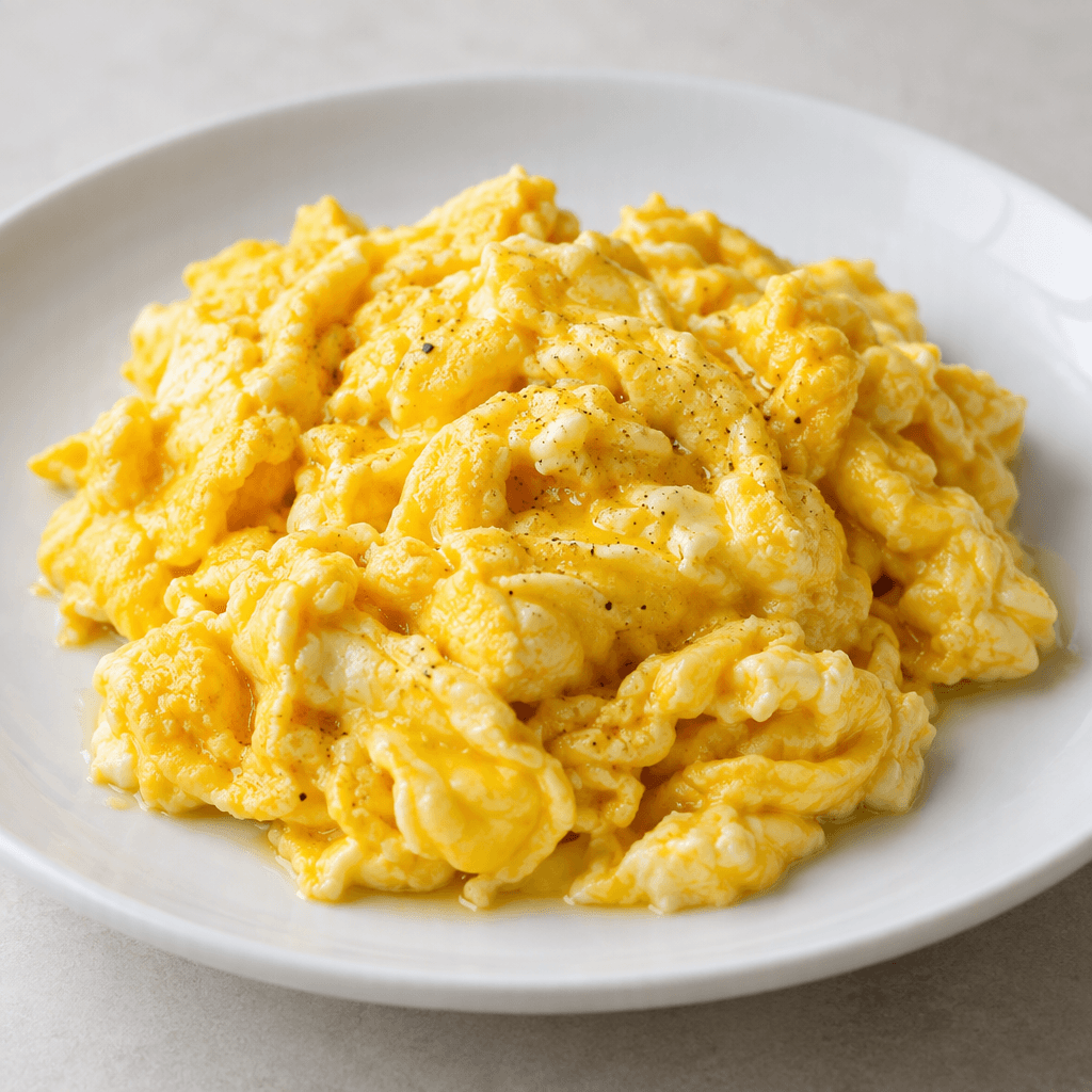 Soft, loosely folded golden-yellow egg curds with a slight olive-oil sheen form an irregular mound on a shallow white plate.