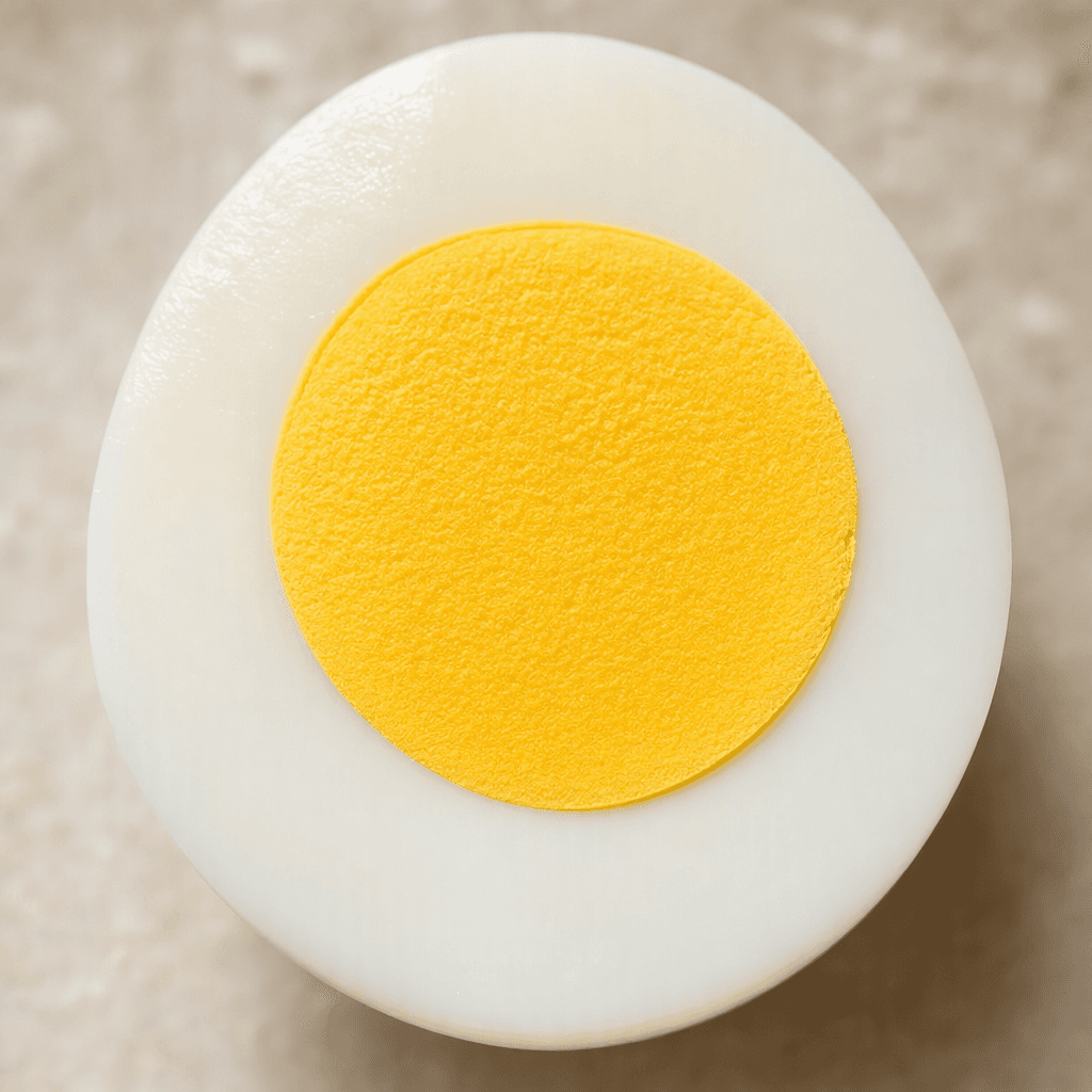 A large peeled egg with a smooth, glossy white surface, cut in half to reveal a firm, bright yellow yolk.