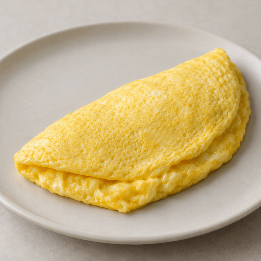 Tabakta sade olarak sunulan, düzgün mat açık sarı yüzeyli, kenarları yumuşakça sabitlenmiş, ikiye katlanmış oval bir omlet; kat yerinde hafif kalın ve yumuşak dokulu iç kısmı görünür.