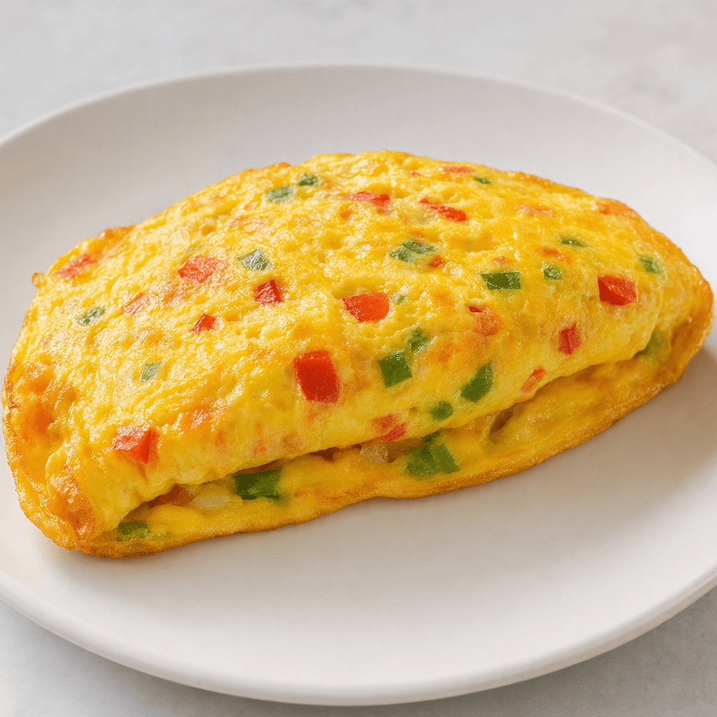 A softly folded, golden-yellow omelet dotted with small red and green pepper pieces sits on a plain plate.