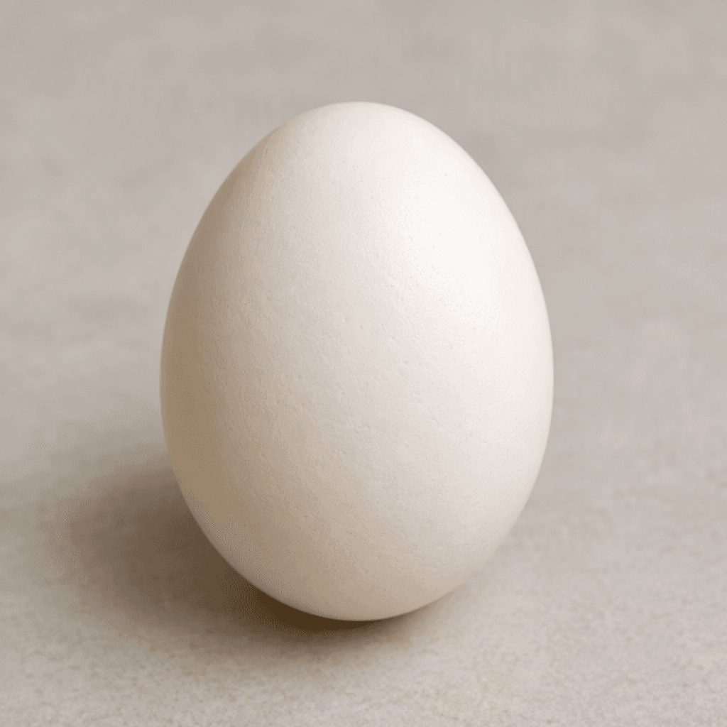 A whole chicken egg with a smooth, clean, oval shell in a warm ivory-white colour, resting by itself on a plain surface.