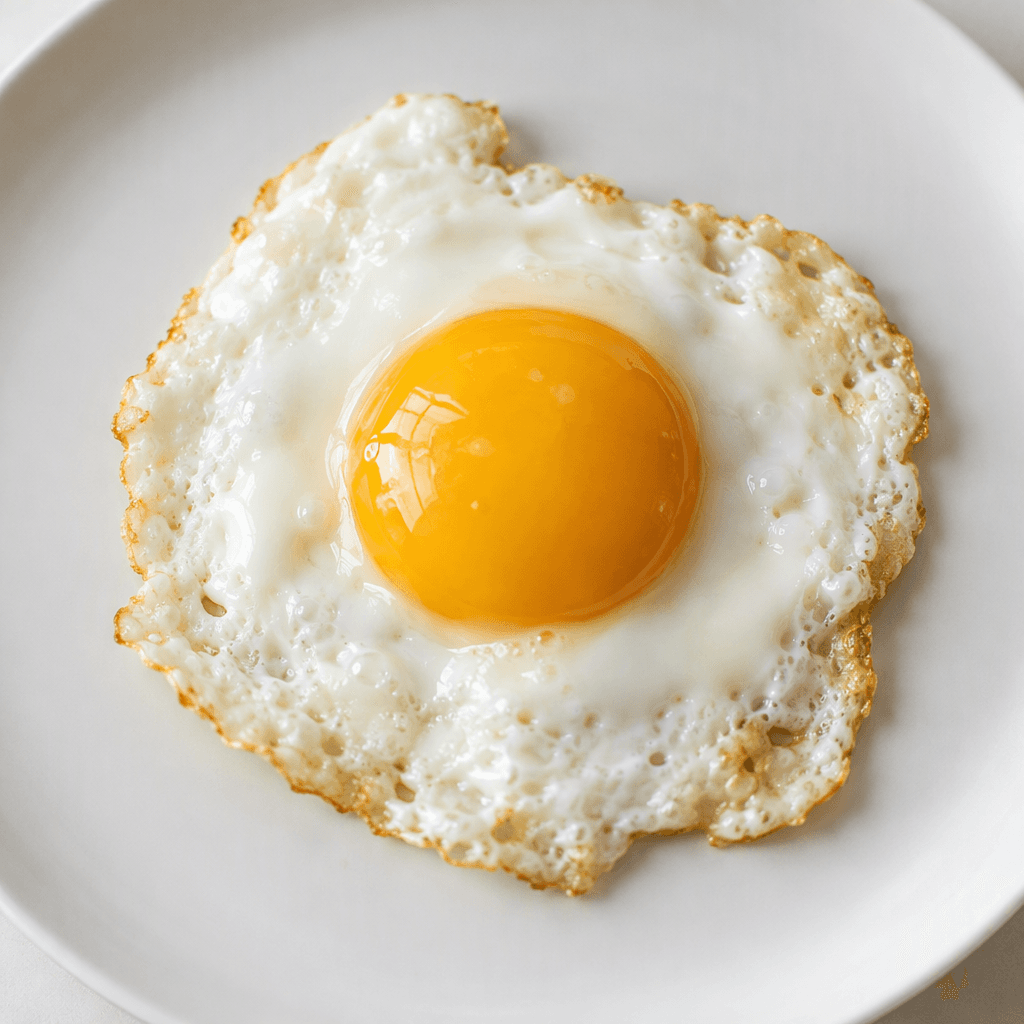 A single pan-cooked egg rests on a plain plate, with an opaque white, lightly set and slightly irregular at the edges, surrounding a round golden-yellow yolk with a soft, glossy surface.