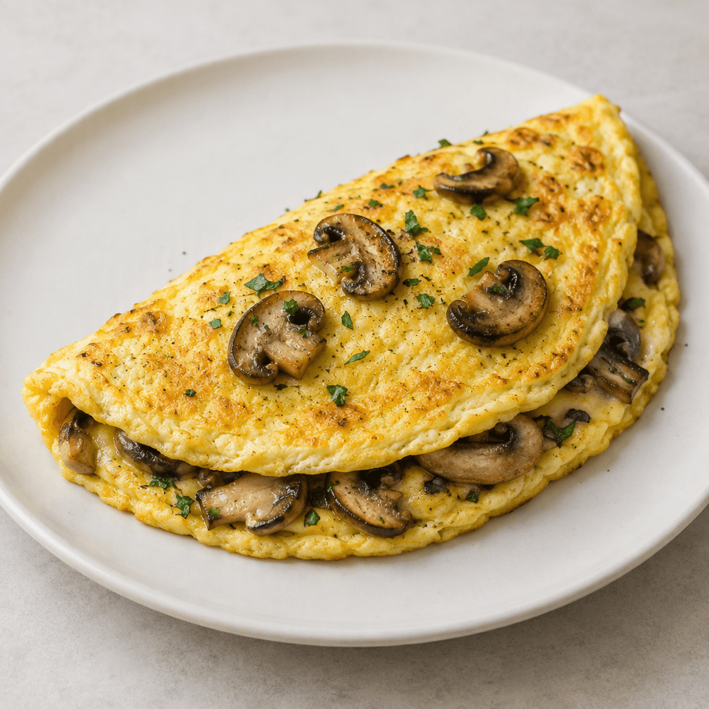 A thick, folded omelette with a smooth golden-yellow surface, browned mushroom slices peeking from the open edge and scattered on top, served on a plain plate.