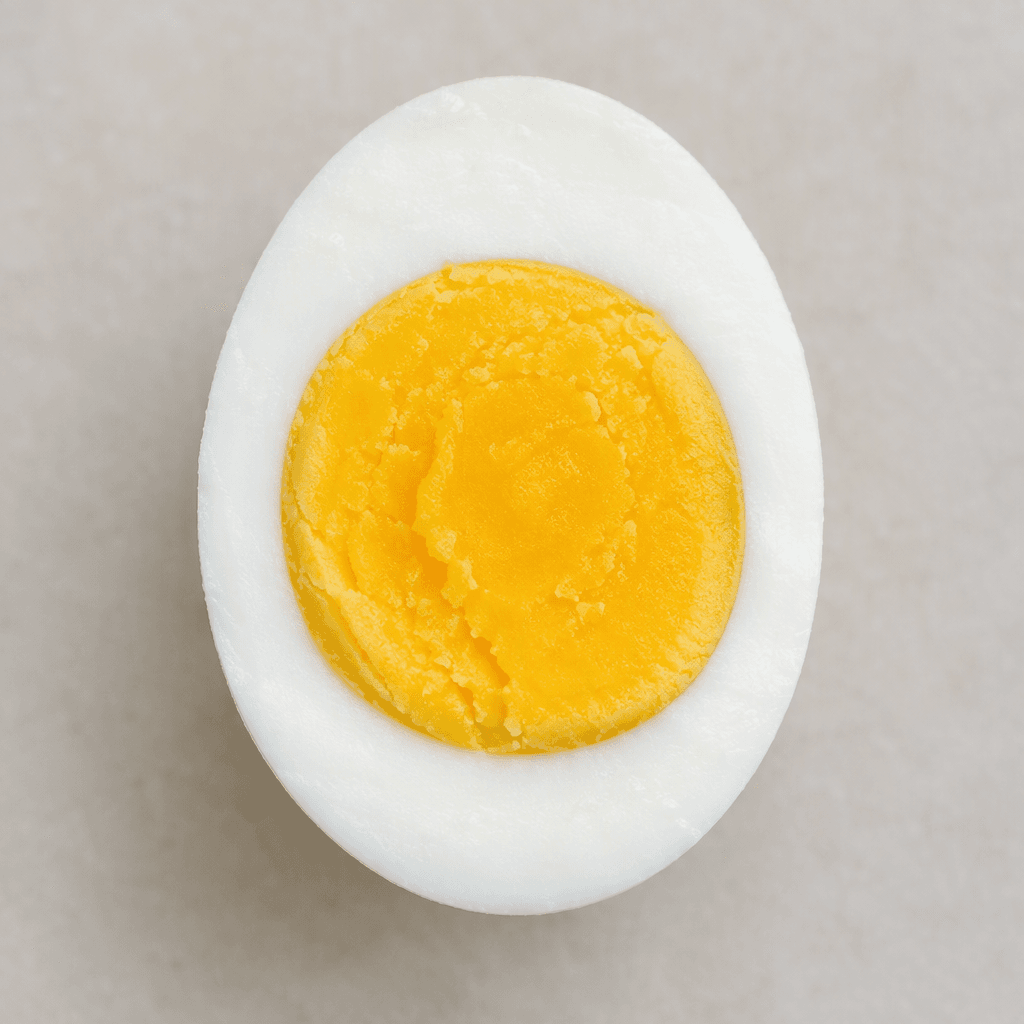 One half of a chicken egg, with a smooth white oval surrounding a round, firm golden-yellow yolk, served cut-side up.