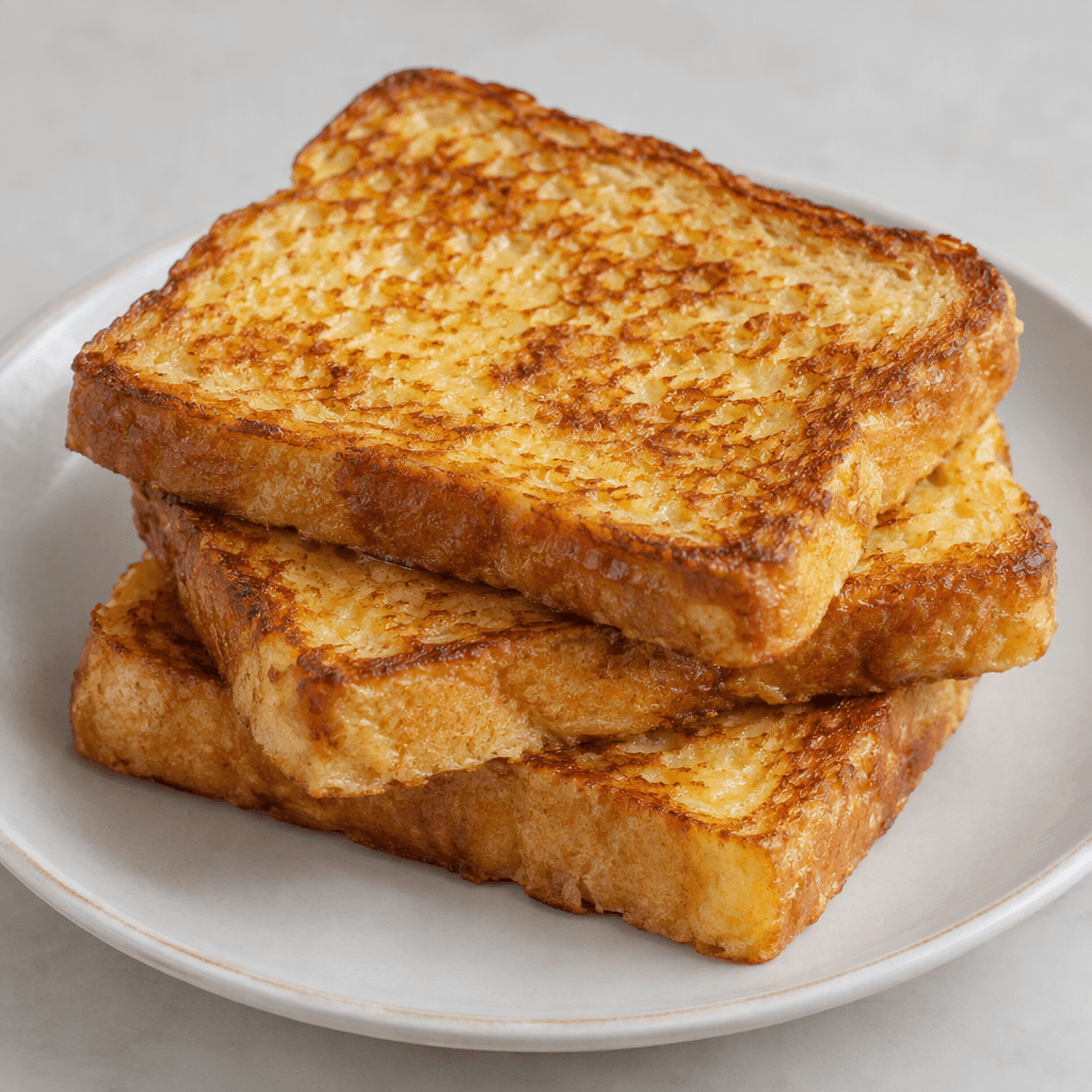 Thick rectangular slices of bread with a golden-brown, slightly crisp surface and a soft pale-yellow egg-soaked interior are stacked slightly overlapping on a plate.