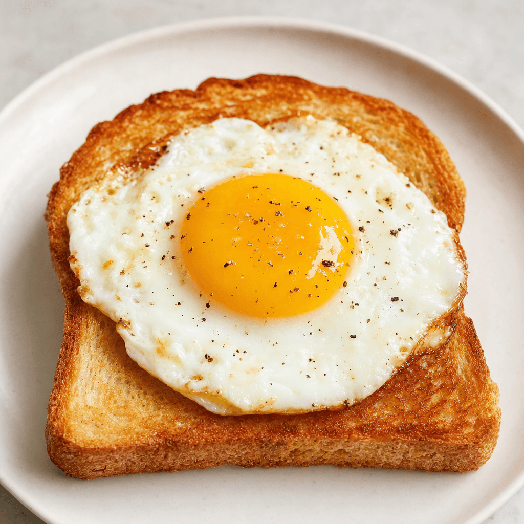 A slice of golden-brown toast is topped with a cooked egg, its opaque white surrounding a vivid yellow yolk, and served on a plate.
