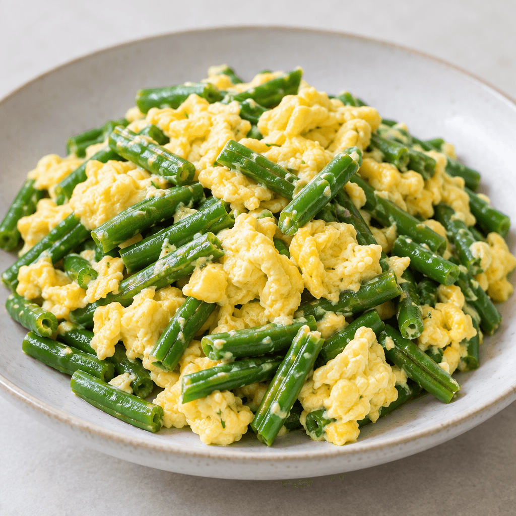Short, slender green bean pieces with vivid green skins are mixed with soft, pale-yellow scrambled egg curds and served in a shallow dish.