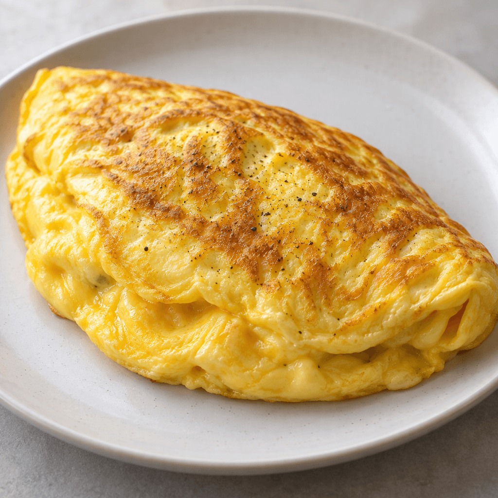 Tabakta servis edilen, yumuşak dokulu, katlanmış, altın sarısı bir omletin yüzeyi hafifçe parlar ve yer yer ince kızarmış izler taşır.