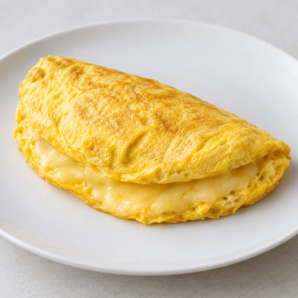A thick, softly folded golden-yellow omelette with a smooth surface and pale straw-yellow melted cheese visible along the fold, served on a plain white plate.