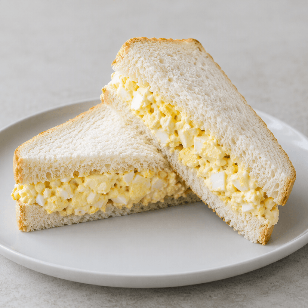 Two slices of soft white sandwich bread hold a thick layer of pale yellow chopped egg bound with a light creamy dressing, with the sandwich cut diagonally and the filling visible along the edges.