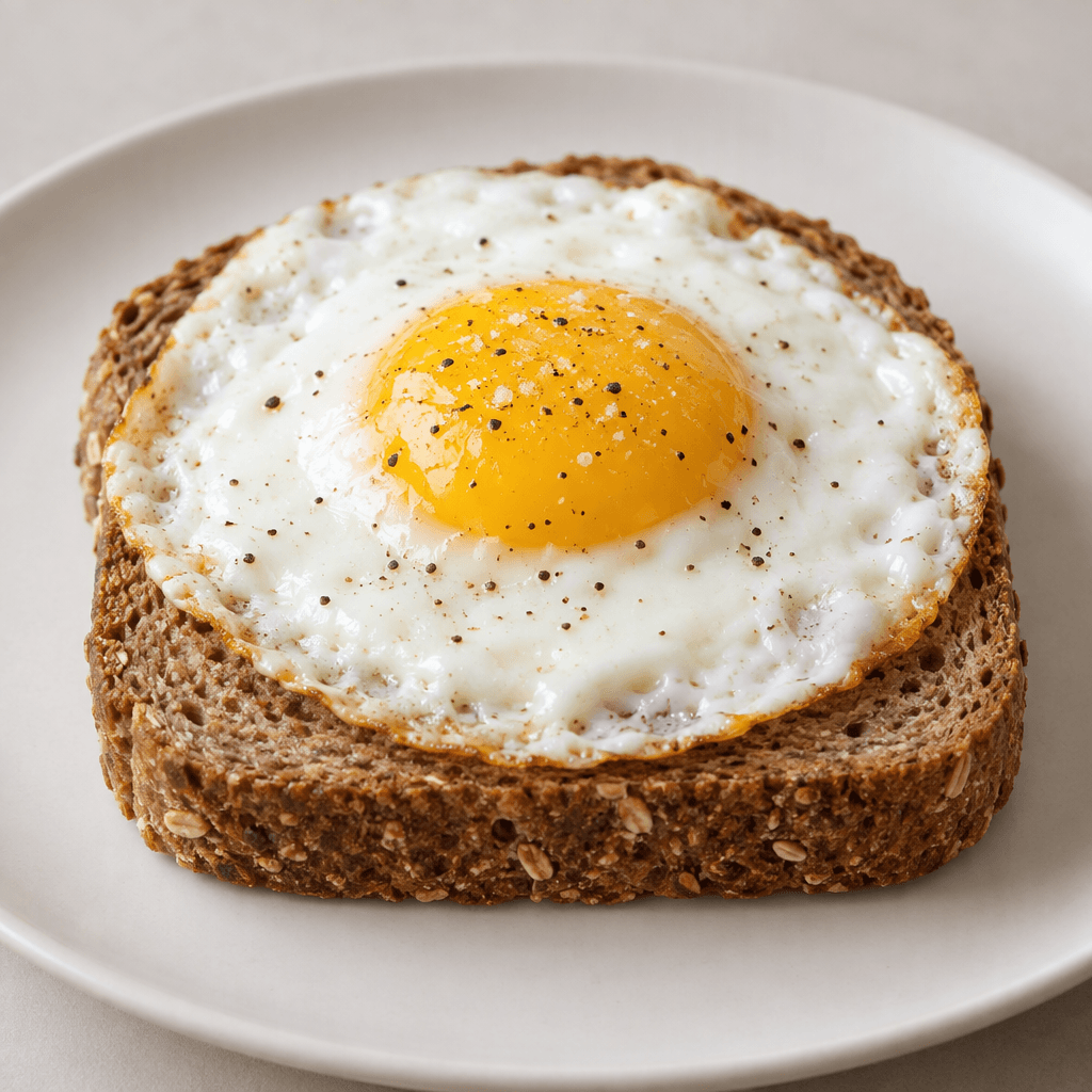 A slice of dense, brown whole-wheat bread is topped with a fried egg, its opaque white surrounding a bright yellow yolk, and served on a plain plate.