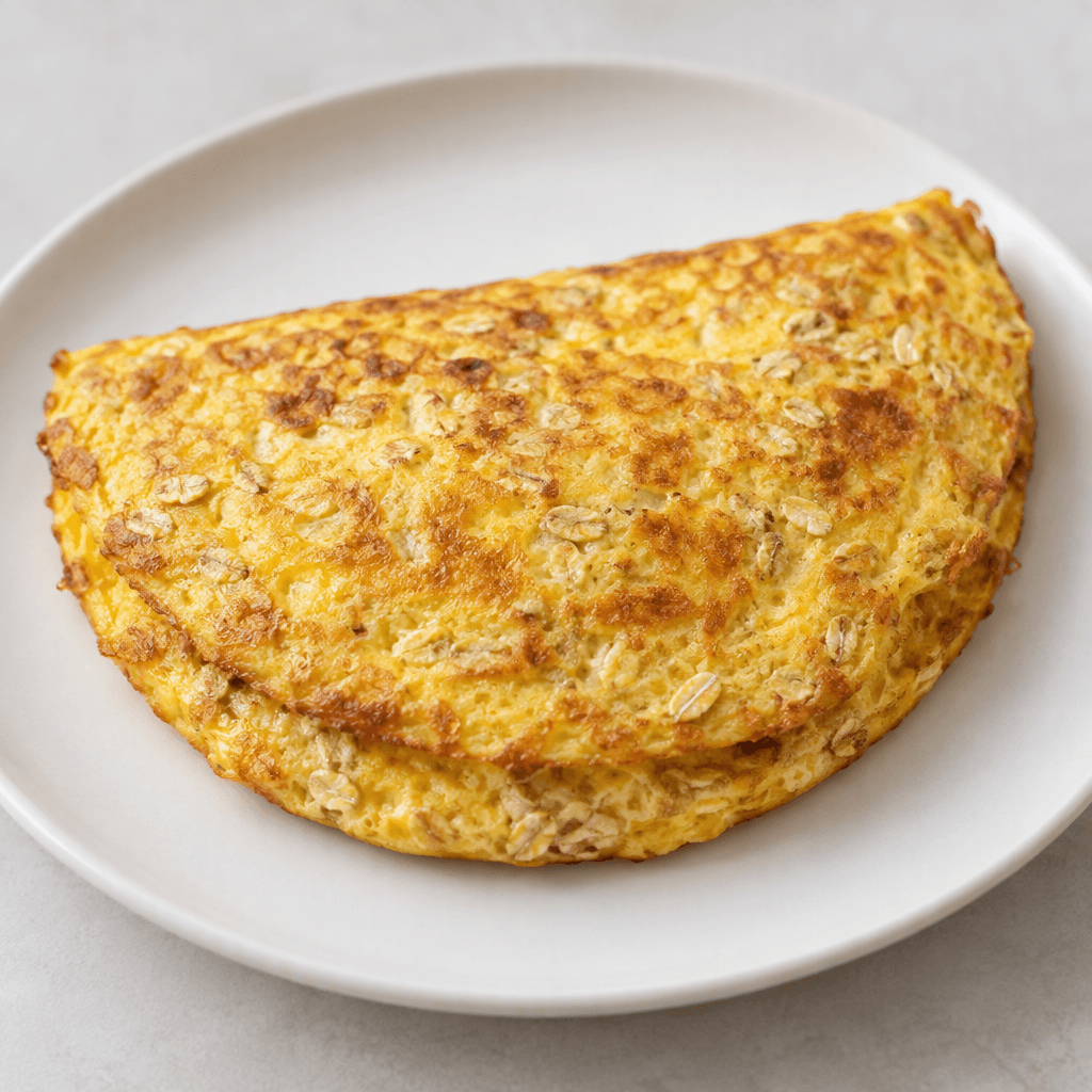 İçinde küçük yulaf parçaları görünen, kenarları hafifçe kızarmış, kalın ve yuvarlak altın sarısı bir omlet sade bir tabakta katlanmış olarak servis edilir.