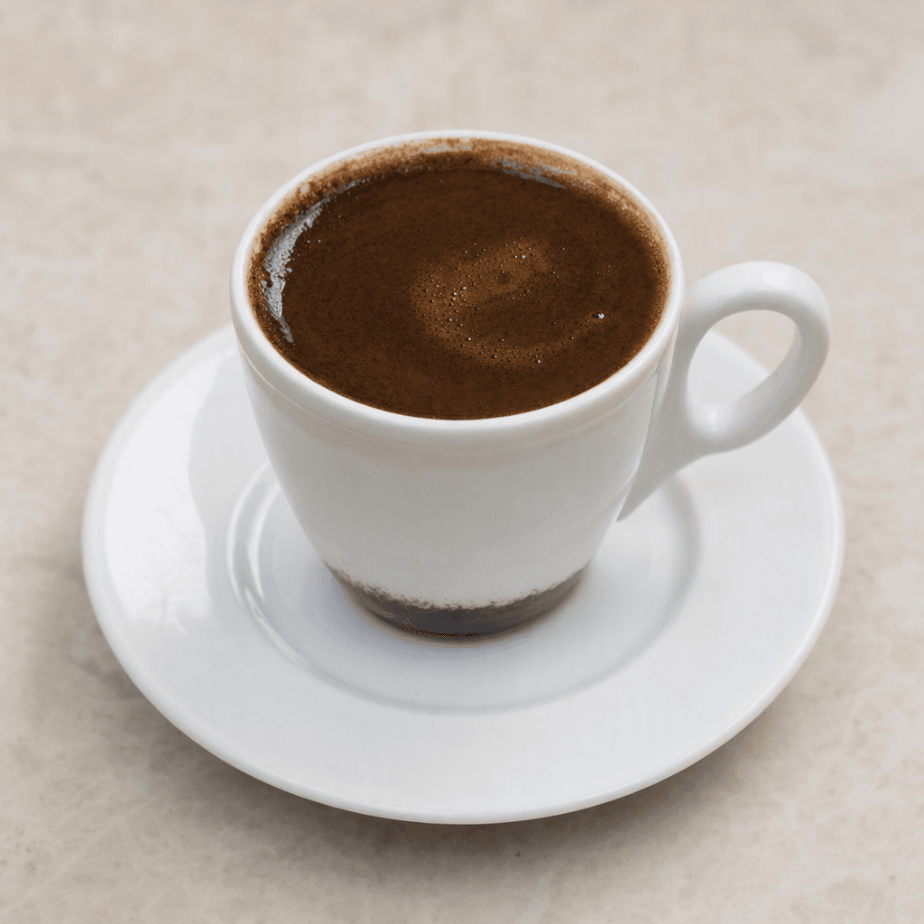 A small cup holds dark, nearly opaque brown coffee with a thin layer of tan foam on top and fine grounds settled at the bottom, set on a saucer.