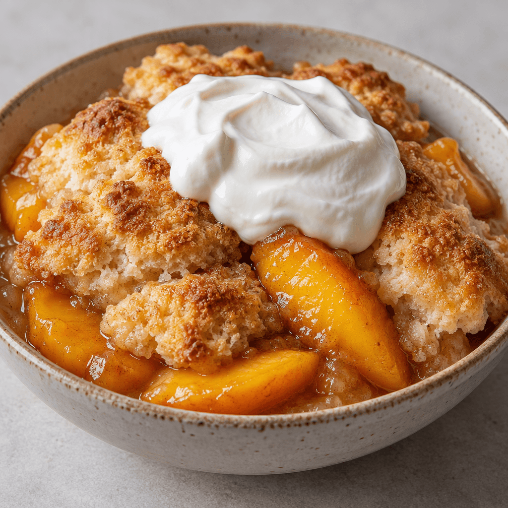 Golden-brown, craggy biscuit pieces cover soft orange peach slices in a shallow dish, with a thick white dollop of Greek yogurt on top.