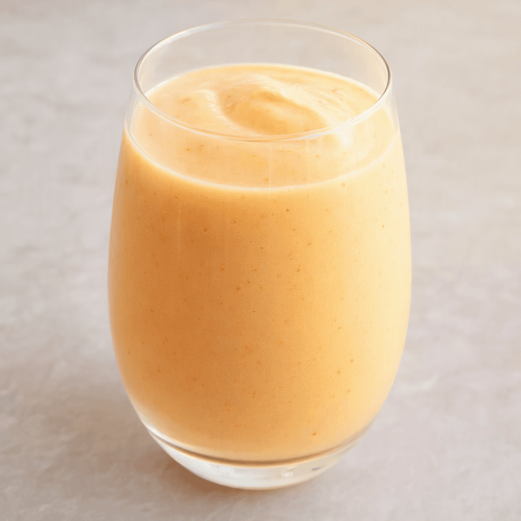 A smooth, creamy pale peach-colored drink with an even, slightly thick texture, served in a clear glass.