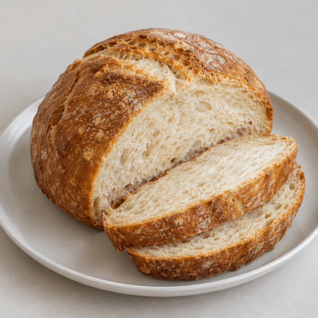 A round, golden-brown loaf with a gently domed top, a firm textured crust, and a pale, airy interior visible where it is sliced, served whole or in thick slices on a plain plate.