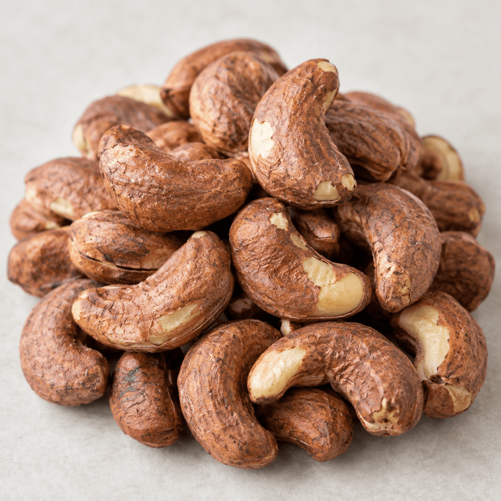 Curved, kidney-shaped cashew kernels are covered in thin, slightly wrinkled reddish-brown skin, with occasional pale cream patches showing through.