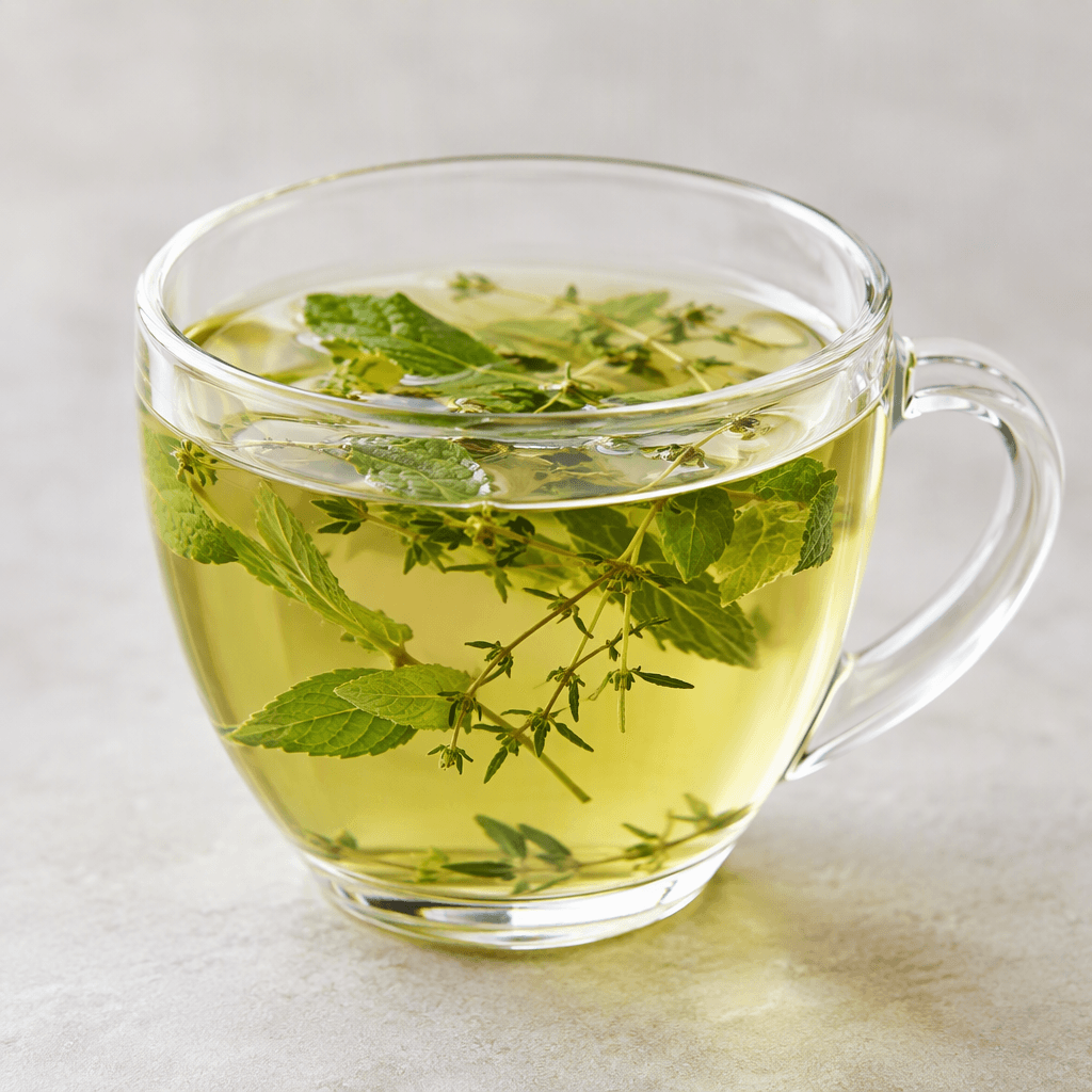 A clear glass cup holds a pale yellow-green herbal infusion with a few loose green leaves and slender herb stems visible near the surface.