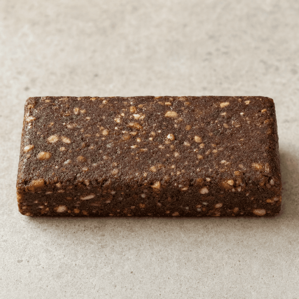 A compact, rectangular dark-brown protein bar with a slightly uneven, dense surface and small lighter-colored pieces visible throughout.