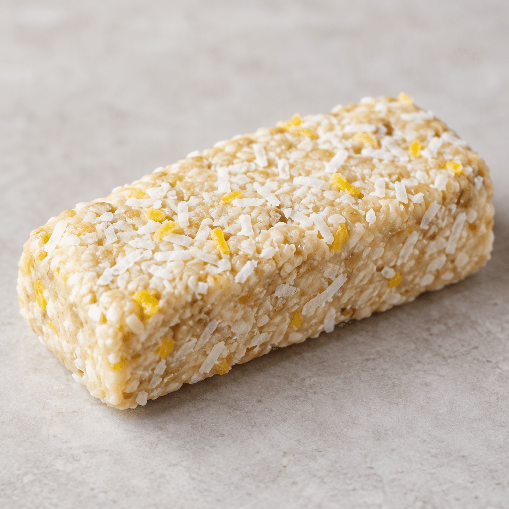 An oblong, compact protein bar with a pale cream, slightly rough surface scattered with fine white coconut flakes and a few yellow flecks, shown on its own.