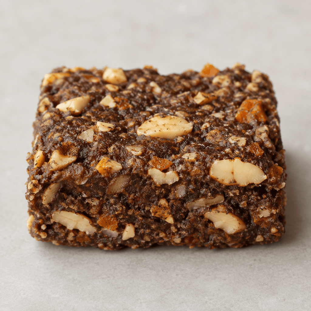 A compact, roughly rectangular dark-brown bar with an uneven, slightly crumbly surface, studded with pale peanut pieces and small orange-colored flecks.