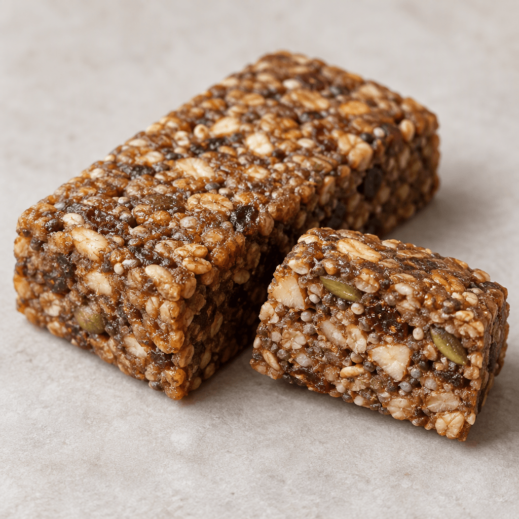 A dense, rectangular brown bar with a slightly uneven surface and visible grains, seeds, and small nut pieces, shown whole beside a cut piece that reveals its compact, speckled interior.