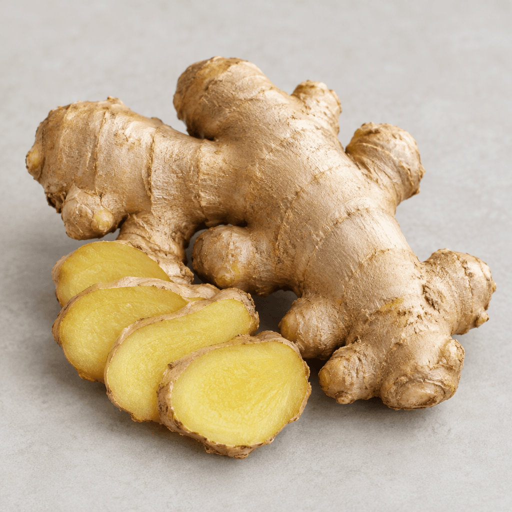 Fresh ginger root has irregular, knobbly beige-tan skin, a firm ridged shape with short branching knobs, and pale yellow flesh visible where it is cut into thin slices.