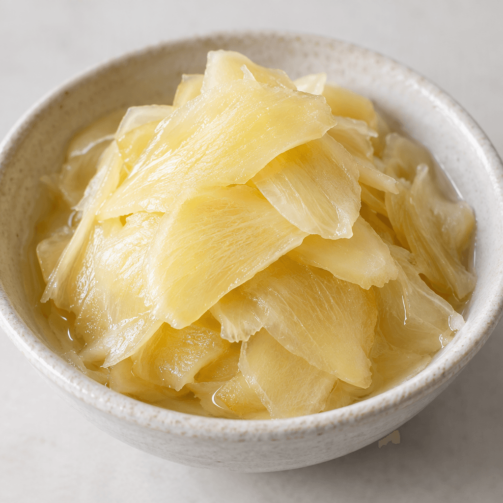 Thin, translucent ivory-to-pale-yellow slices of ginger with softly uneven edges and fine fibrous lines, layered in a small glossy mound with a little clear brine visible between the slices.