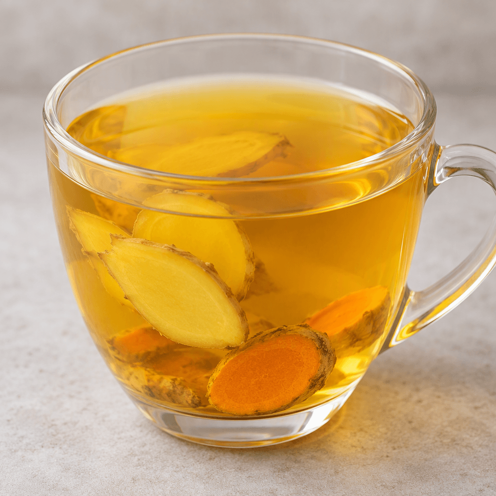 A clear golden-yellow tea with a faint orange hue is served in a glass cup, with thin ginger slices and a few turmeric pieces visible in the liquid.