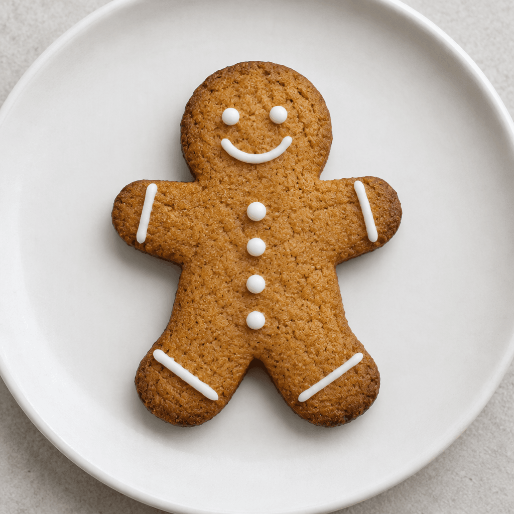 A small, flat, golden-brown spiced cookie shaped like a person, with a slightly darker baked edge, a crisp-looking textured surface, and simple white icing details forming two eyes, a smiling mouth, three buttons, and thin lines on the arms and legs, served on a plain plate.