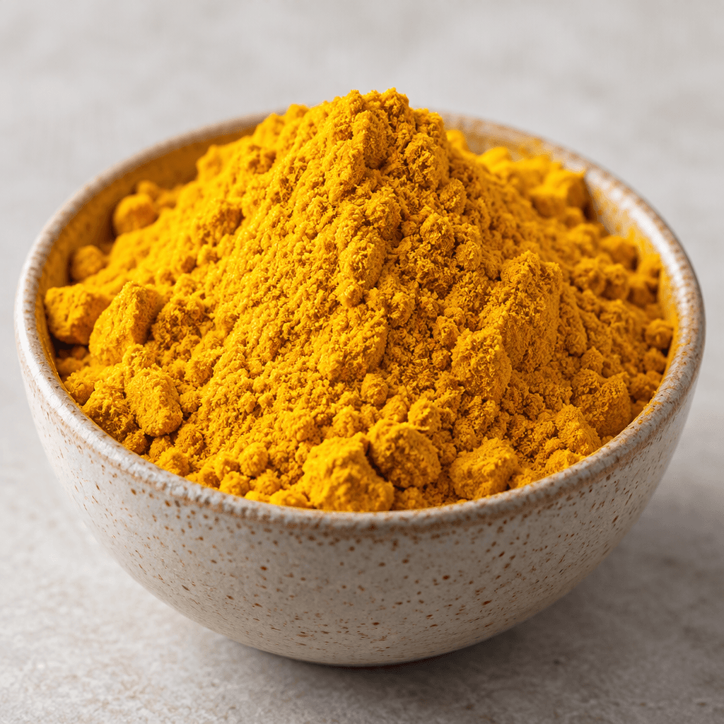 A mound of finely ground, vivid golden-yellow turmeric drink mix with a soft, slightly clumped texture sits in a small bowl.
