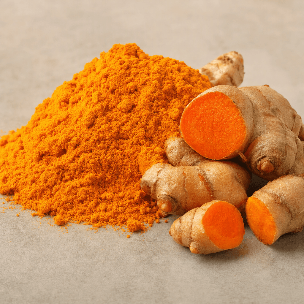 A mound of fine, vivid golden-orange turmeric powder sits beside small pieces of knobby, tan-skinned root with bright orange flesh.
