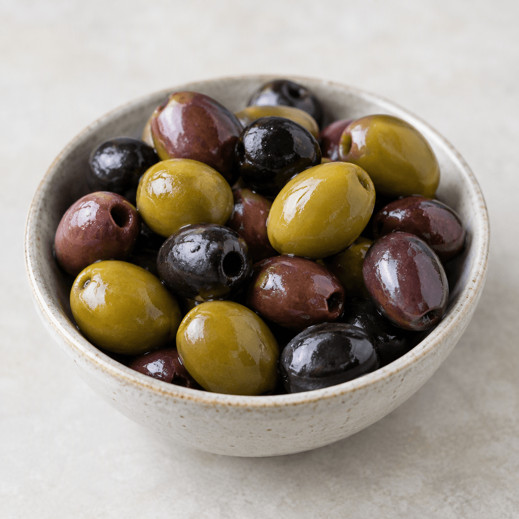 A small serving of mixed whole olives in green, purplish-brown and black tones, with smooth, slightly glossy skins, arranged together in a shallow dish.