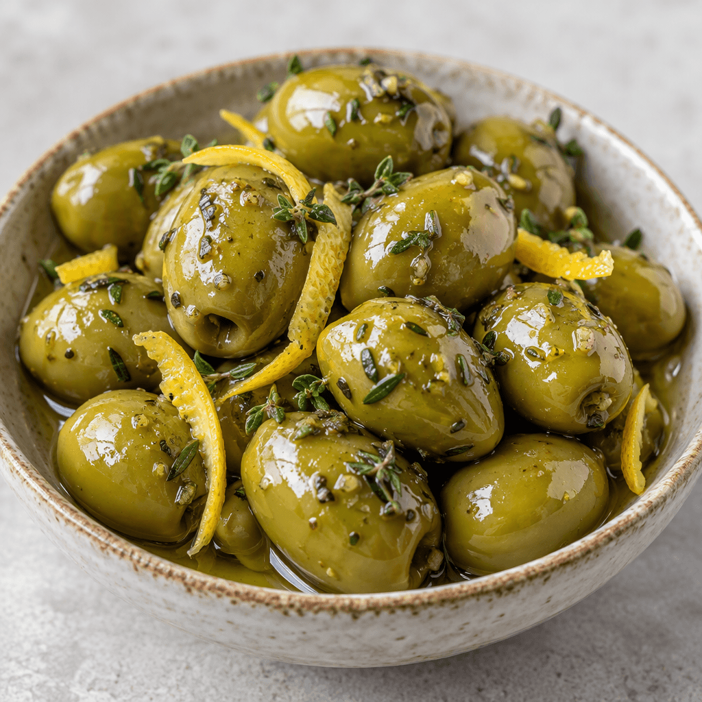 Glossy green olives sit in a shallow dish with thin pieces of yellow lemon peel, scattered herbs, and a light sheen of oil.