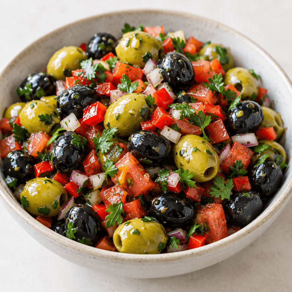 A colorful salad of glossy green and black olives mixed with finely diced red pepper, tomato, onion, and parsley, served in a shallow bowl with the ingredients visibly coated in a light sheen of dressing.
