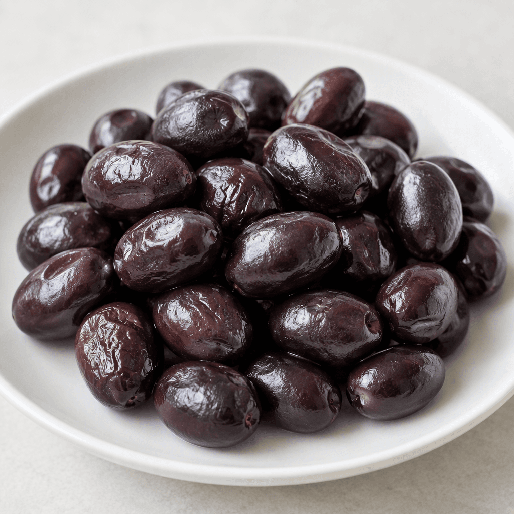 Düz bir tabakta bir arada duran, pürüzsüz ve hafif parlak kabuklarında yer yer ince kırışıklıklar bulunan küçük, oval, koyu mor-siyah zeytinler.