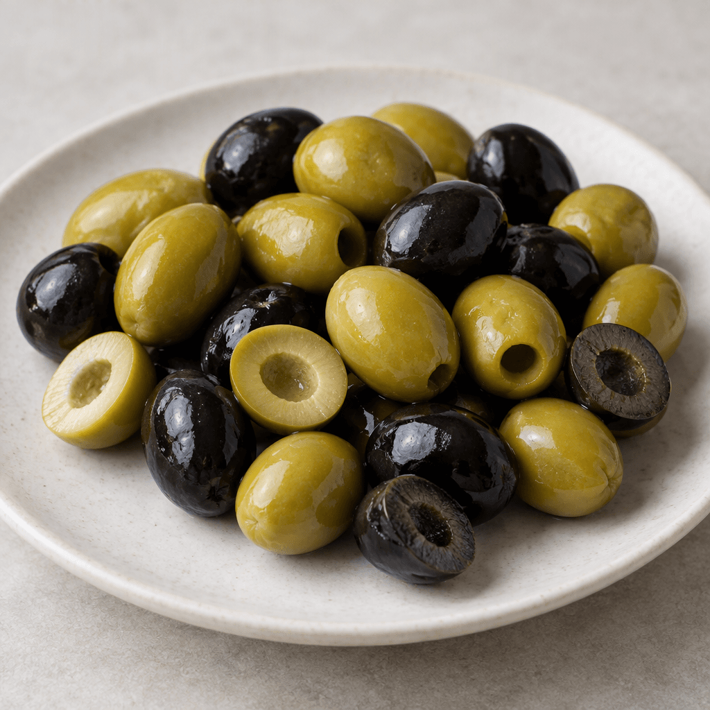 Whole and pitted olives in shades of green and black, with smooth, slightly glossy skins, oval plump shapes, and a few sliced to reveal firm pale interiors, arranged together on a simple plate.