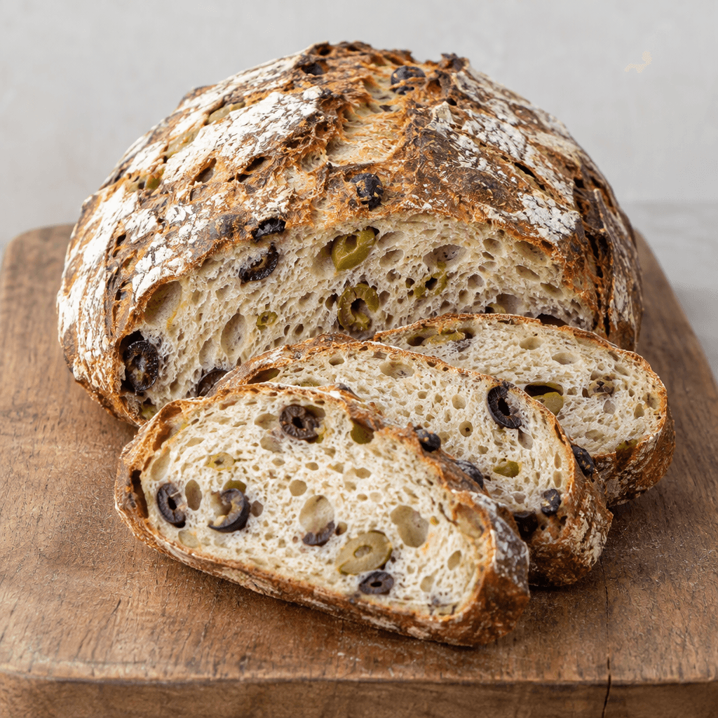 A rustic oval loaf with a deeply browned, flour-dusted crust, irregular cracks across the surface, and visible green and dark olive pieces embedded in the pale, airy crumb, sliced and arranged on a wooden board.